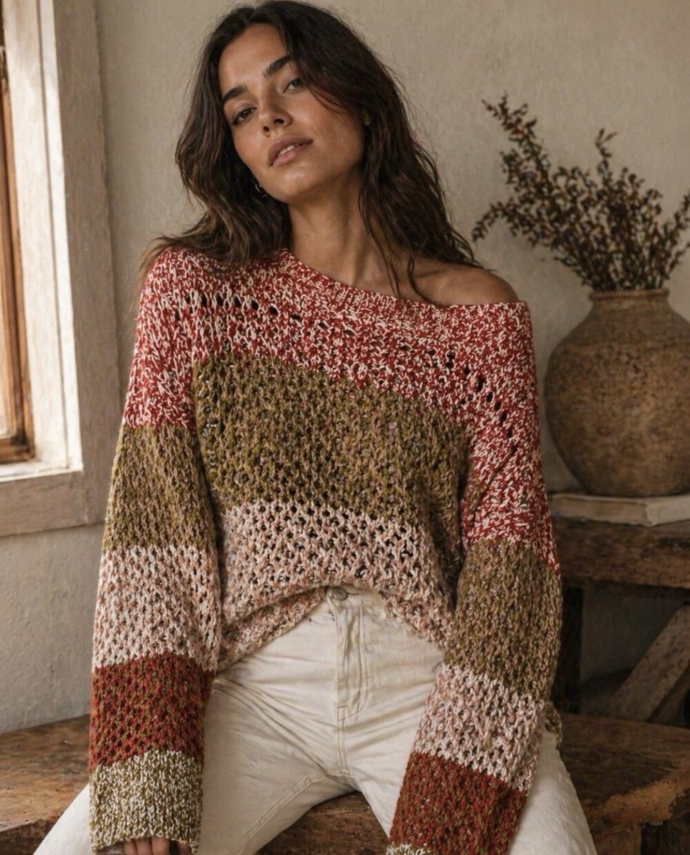 Derek Lam 10 Crosby Chunky Knit Sweater Open Weave Colorblock NWT Medium